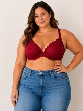 NWT DELIMIRA Front Closure Lace Bra 44F Burgundy Full Coverage Support Plus Size